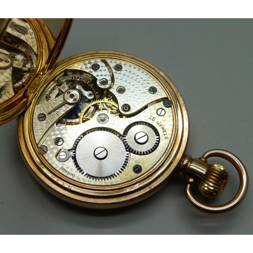 999 - A gold plated full hunter pocket watch with long service inscription to inner cuvette