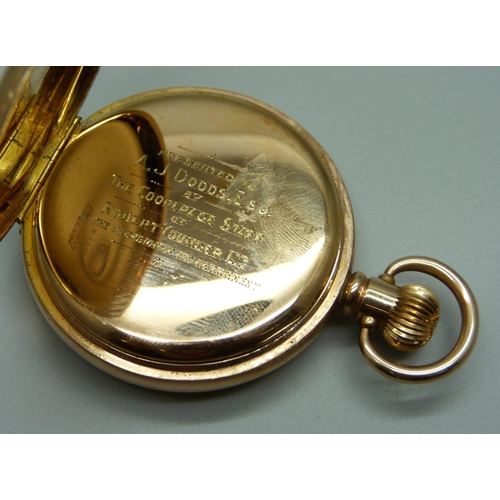 999 - A gold plated full hunter pocket watch with long service inscription to inner cuvette