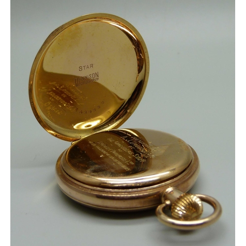 999 - A gold plated full hunter pocket watch with long service inscription to inner cuvette