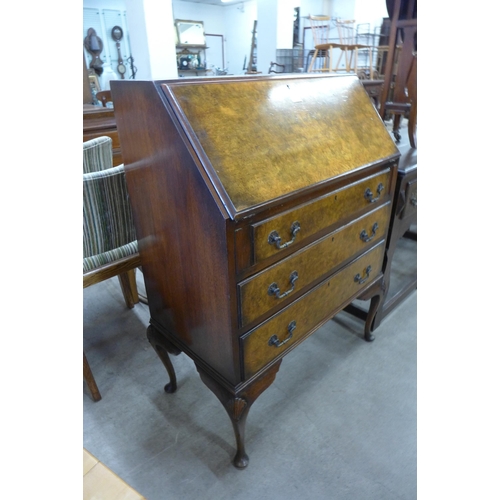 176 - A Queen Anne style burr walnut bureau