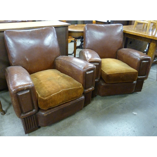 201 - A pair of Art Deco brown leather club chairs