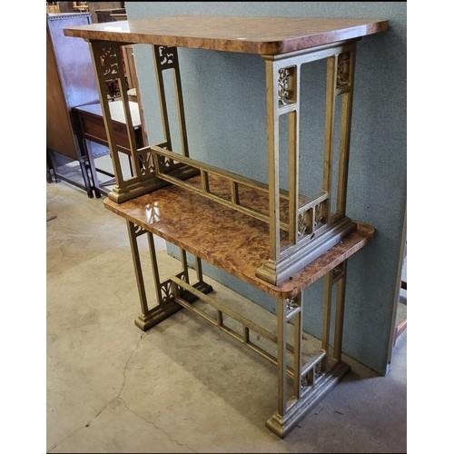 268 - A pair of Art Deco style burr walnut effect and gilt cast iron pub tables