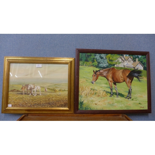 315 - Janet D. Harrington, rural farming landscape, watercolour and D.M. Guest, study of a horse, oil on b... 