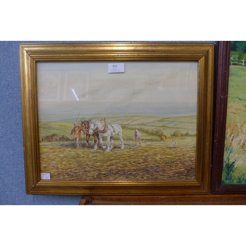 315 - Janet D. Harrington, rural farming landscape, watercolour and D.M. Guest, study of a horse, oil on b... 