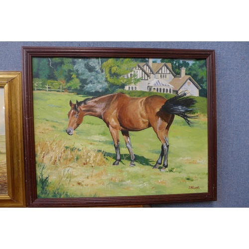 315 - Janet D. Harrington, rural farming landscape, watercolour and D.M. Guest, study of a horse, oil on b... 