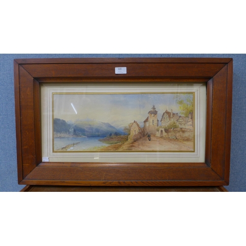 320 - Italian School (19th Century), landscape with figure on a path by a lake, watercolour, unsigned, lab... 