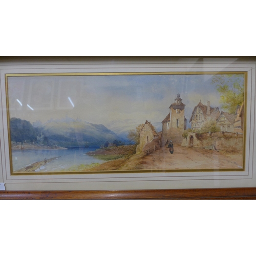 320 - Italian School (19th Century), landscape with figure on a path by a lake, watercolour, unsigned, lab... 