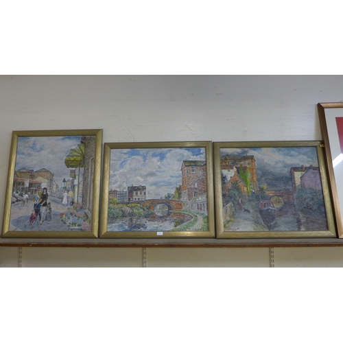 321 - English School, three town scenes, oil on canvas, indistinctly signed, framed