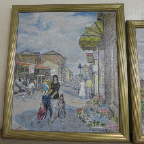 321 - English School, three town scenes, oil on canvas, indistinctly signed, framed