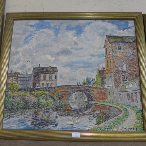 321 - English School, three town scenes, oil on canvas, indistinctly signed, framed