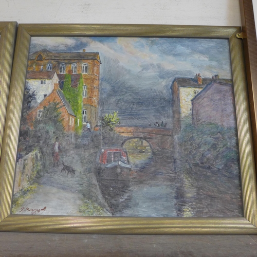 321 - English School, three town scenes, oil on canvas, indistinctly signed, framed