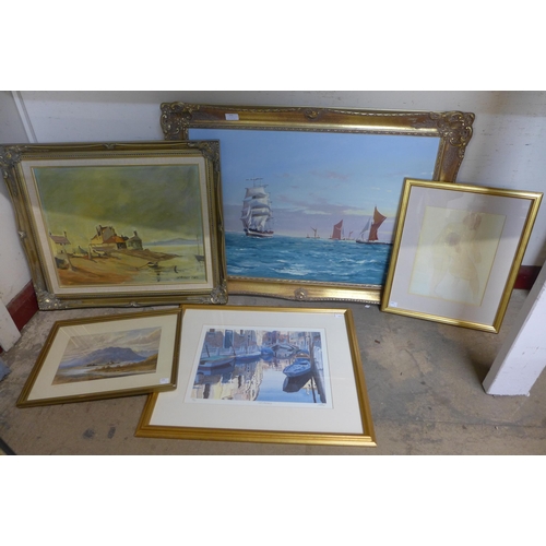 324 - Two oil landscapes, Kilchurn Castle, Loch Awe, a watercolour, unsigned, a nude study print and a lim... 