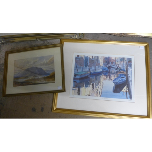 324 - Two oil landscapes, Kilchurn Castle, Loch Awe, a watercolour, unsigned, a nude study print and a lim... 