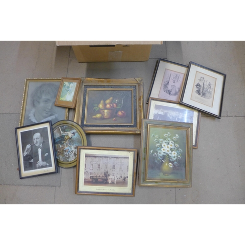 329 - Assorted paintings, prints, a map, etc.