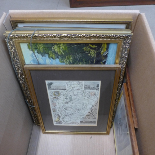 329 - Assorted paintings, prints, a map, etc.