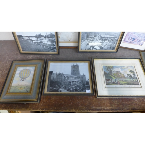 330 - Assorted vintage Nottingham related prints, assorted vintage hot air balloon prints and a tapestry, ... 