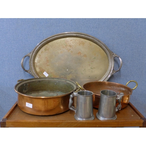 335 - A Mappin & Webb plated serving tray, two copper pans and two pewter tankards