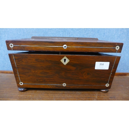 358 - A Regency rosewood and mother of pearl inlaid tea caddy