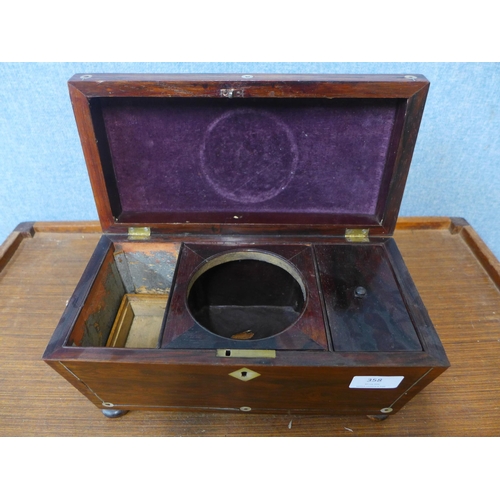 358 - A Regency rosewood and mother of pearl inlaid tea caddy