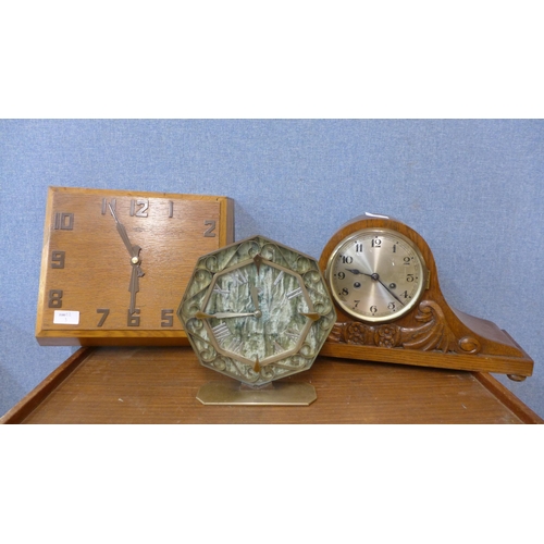 376 - An Art Deco Smiths Sectric oak wall clock, a mantel clock and a Smiths 8-day mantel timepiece