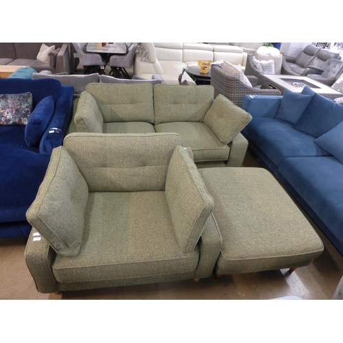 1340 - A Grand Designs sage green upholstered three seater sofa and loveseat with footstool
