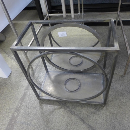 1586 - A black and grey console table, pair of mirrored and metal side tables and a candle holder