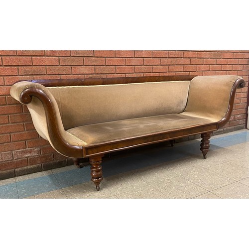 168A - A Regency mahogany and fabric upholstered scroll end settee