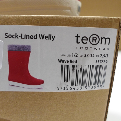 3151 - Pair of children's red Term, sock-lined Wellies - UK size: 1/2 * this lot is subject to VAT
