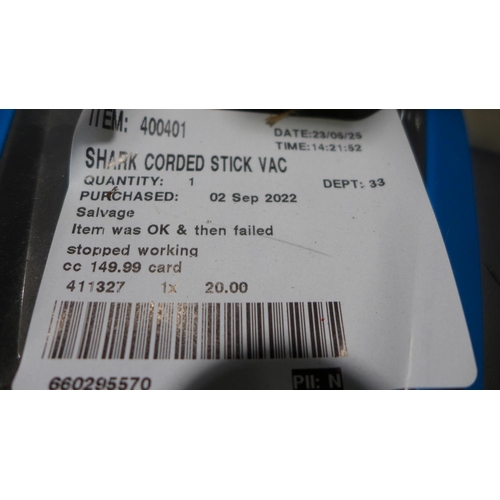 3199 - Shark corded stick vacuum (296-404) *This lot is subject to VAT