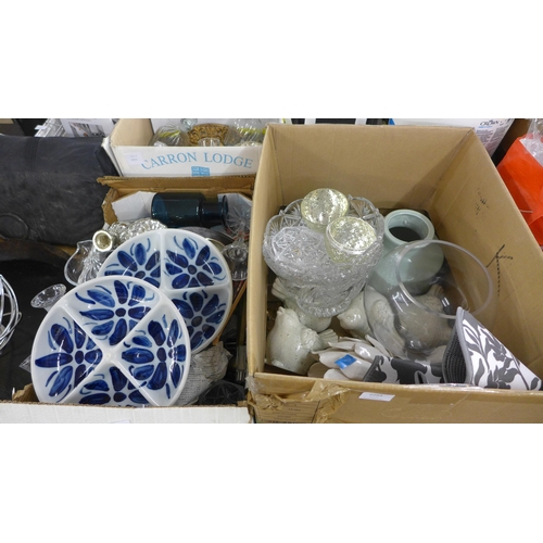 2293 - Three boxes of miscellaneous decorative items including vases, clocks, plates, etc.