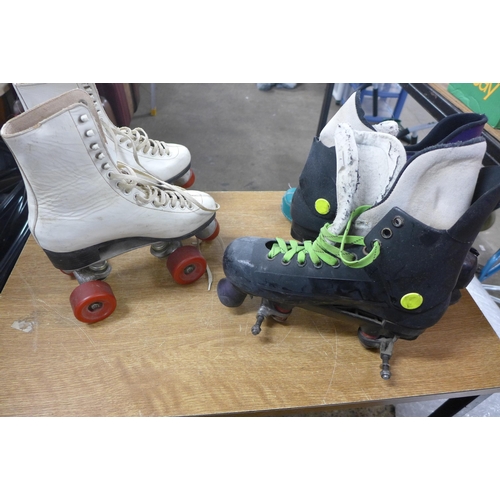 2322 - Box of roller skate spares (Bauer) and a pair of leather 1980's figure skates