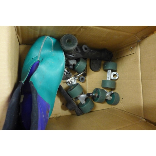 2322 - Box of roller skate spares (Bauer) and a pair of leather 1980's figure skates