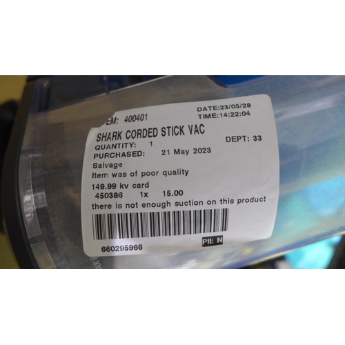 3283 - Shark Corded Stick Vac   - model no HZ400UKT t , Original RRP £149.99 + vat         (296-181)   * Th... 