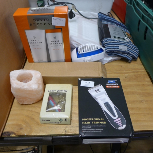 2372 - 7 Items of misc. unused items; David Beckham gift set, plug in Bing zappers, hair trimmer, picture f... 