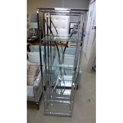 1616 - A pair of chrome shelving units, with glass shelves