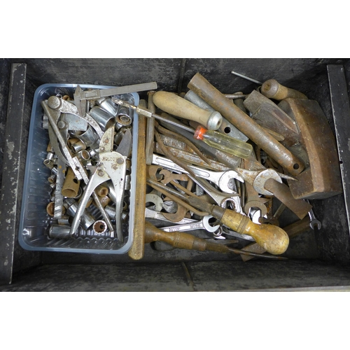 2026 - Assorted tools: metal trunk, 100+ sockets,  spanners, pliers, pincers, hammer &  chisels