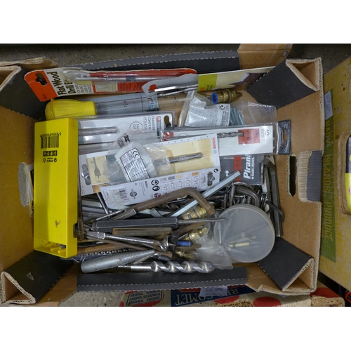 2033 - 4 Boxes of household items and tools: brushes, tools, sandpaper, masking tape, spanners, pliers, etc... 