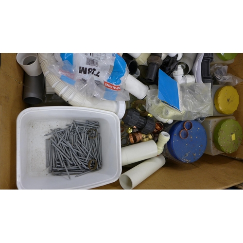 2034 - Box of plumbing equipment inc pipes tacks and nails