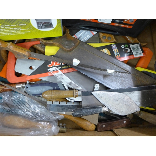 2045 - Box of hardware inc. saws, lock on spanner, hole saw set, etc.