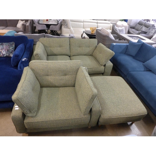 1331 - A Grand Designs sage green upholstered three seater sofa and loveseat with footstool