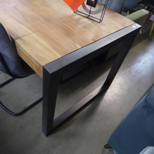 1349 - A Fire 2.0 acacia wood fixed top dining table with a pair of Ralph graphite upholstered diamond stit... 