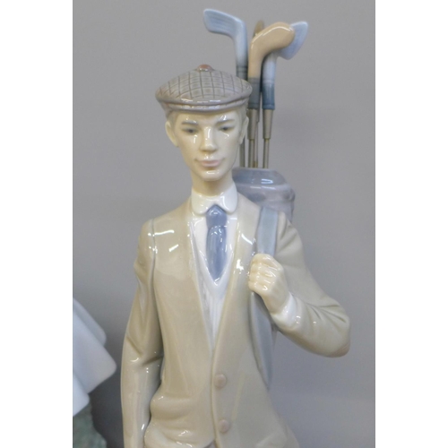 618 - Two Lladro figures of golfers, girl's golf club a/f