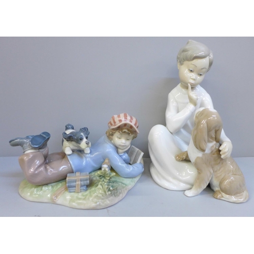 629 - Two Lladro figures of children with dogs, one with bird a/f (feathers)