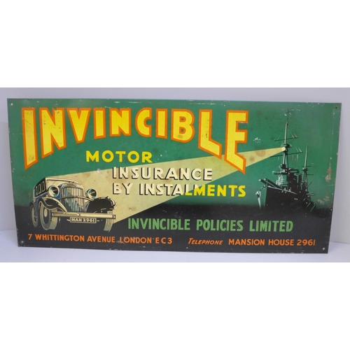 675 - A tin plate sign, Invincible Motor Insurance, 51cm x 23.5cm, 1940s