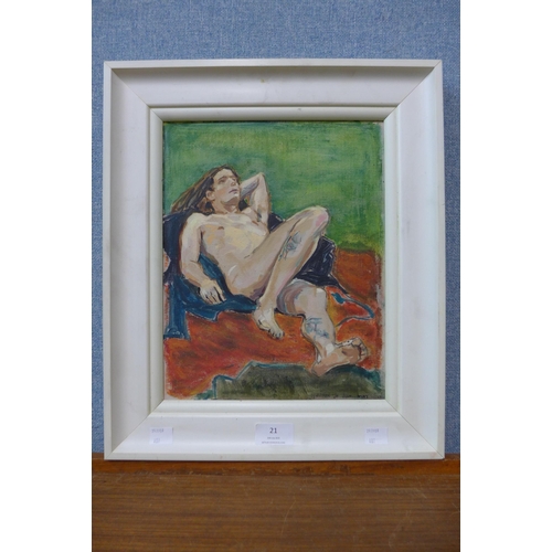 21 - Nottingham Society of Artists, portrait of a reclining male nude, oil on board, framed