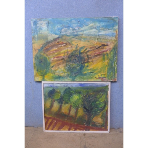 35 - Nan Frankel (Cornish School), two abstracts, oil on canvas, one framed