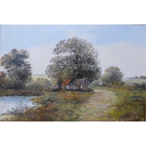 44 - English School (19th Century), rural cottage landscape, oil on canvas, indistinctly signed, 49 x 75c... 