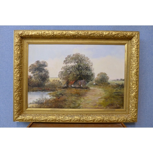 44 - English School (19th Century), rural cottage landscape, oil on canvas, indistinctly signed, 49 x 75c... 