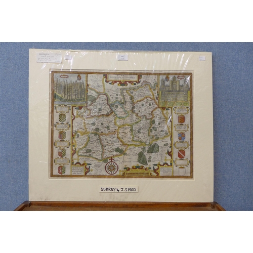 46 - A 17th Century John Speed hand coloured engraved map of Surrey, 40 x 52cms, unframed