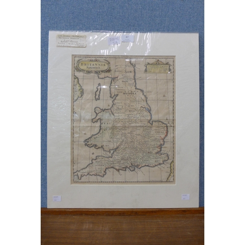 47 - A 17th Century Robert Morden engraved map, Britannica Sarxonica, 38 x 31cms, unframed